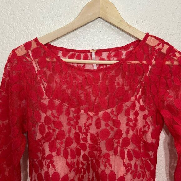 Free People Floral Mesh Lace Dress Red Size 6 - Picture 6 of 15